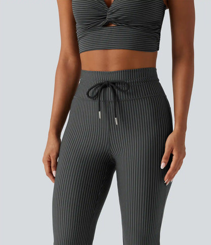 High Waisted Drawstring Stripe Flare Yoga Pants with Pockets
