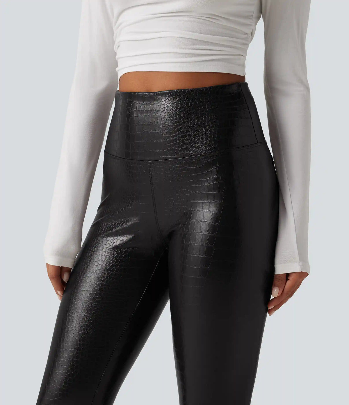 High Waisted Tummy Control Snakeskin Print Stretchy PU Fleece Skinny Casual Leggings with Pockets
