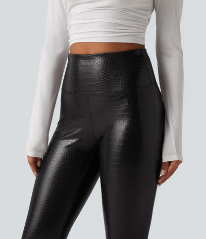 High Waisted Tummy Control Snakeskin Print Stretchy PU Fleece Skinny Casual Leggings with Pockets