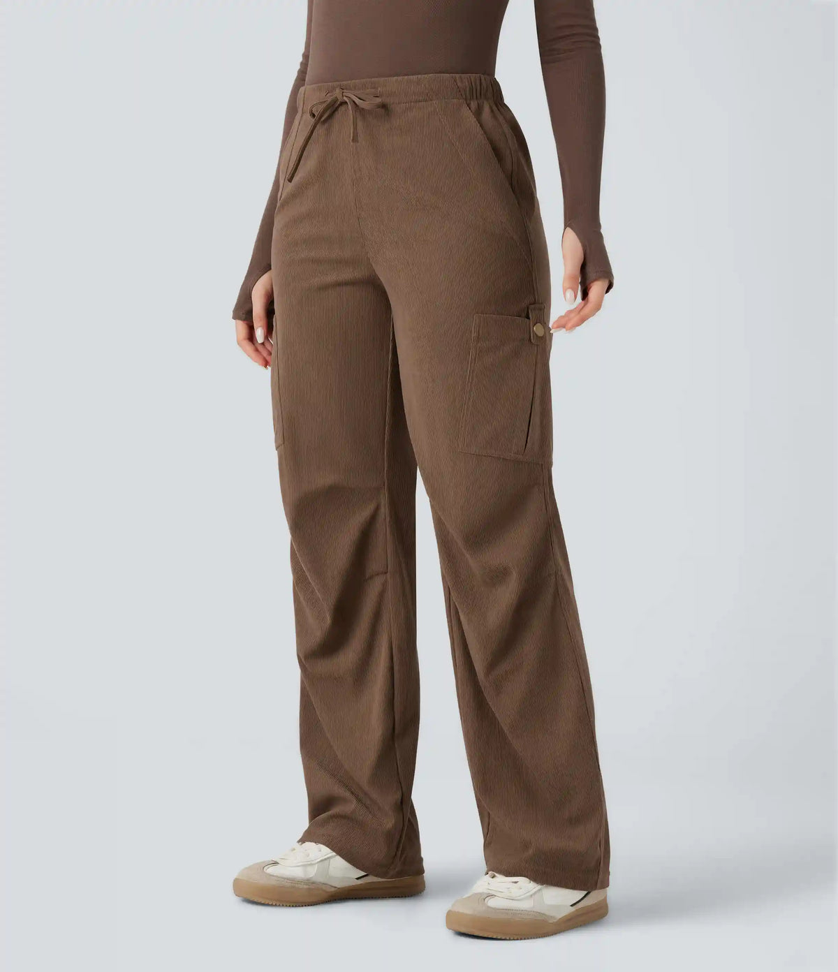 Mid Rise Drawstring Corduroy Casual Straight Leg Cargo Pants with Pockets
