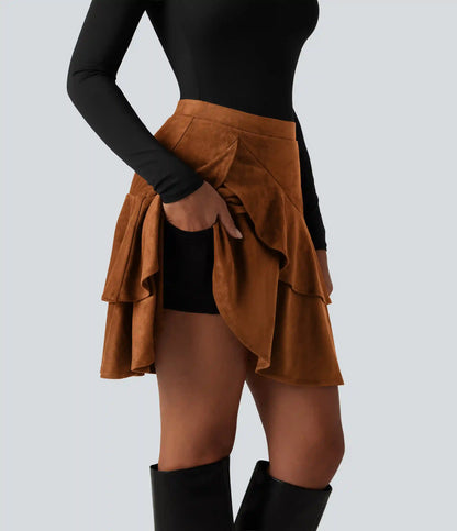 High Waisted Tiered Ruffle Hem 2-in-1 Longer Mini Suede Casual Skirt with Pocket