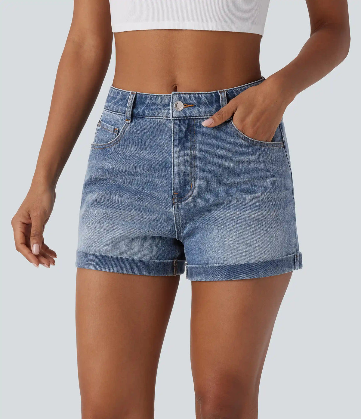 Halara Flex™ Mid Rise Zipper Pockets Denim Casual Shorts 3''