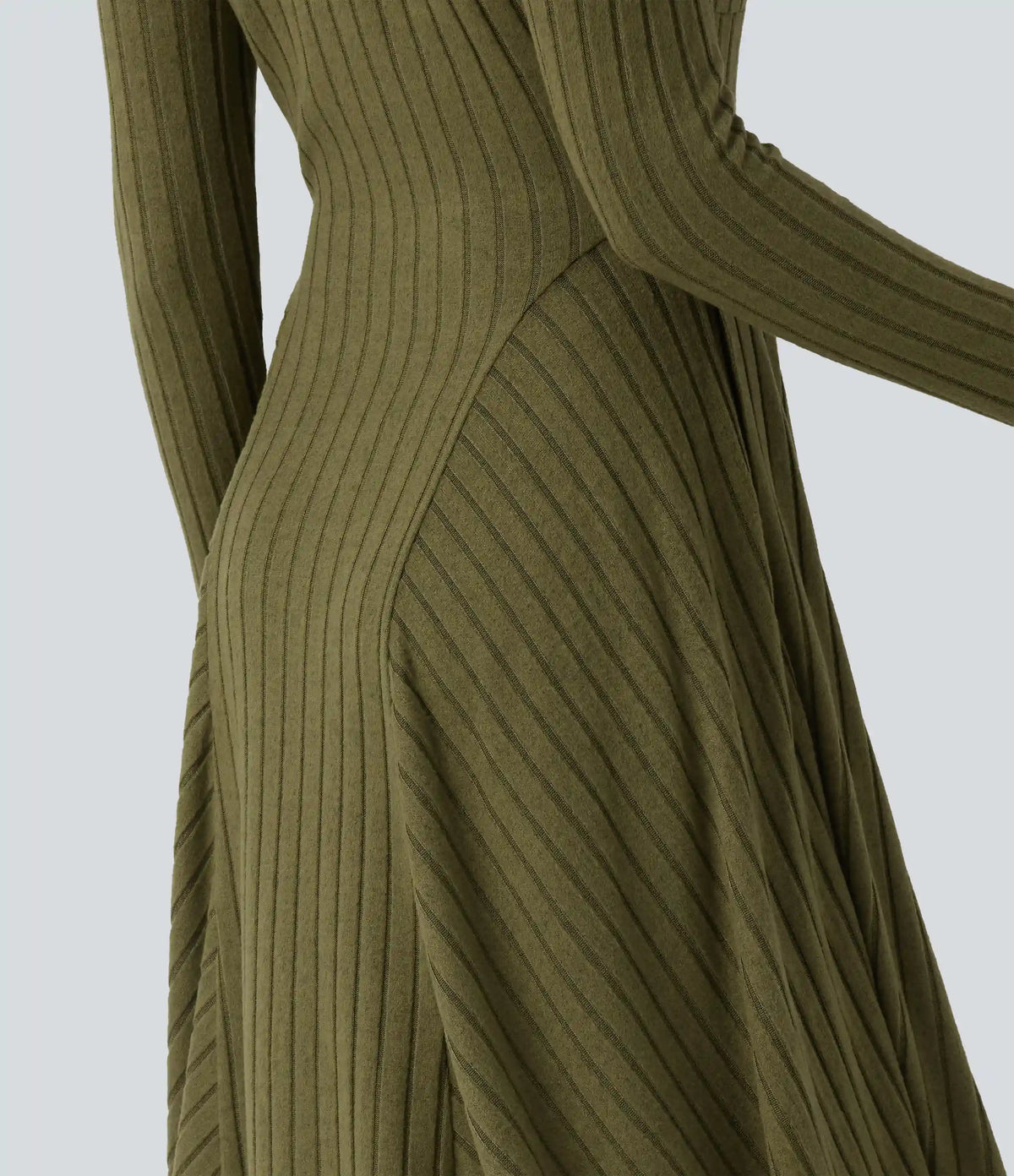 Ribbed Knit V Neck Long Sleeve Flare Midi Casual Dress