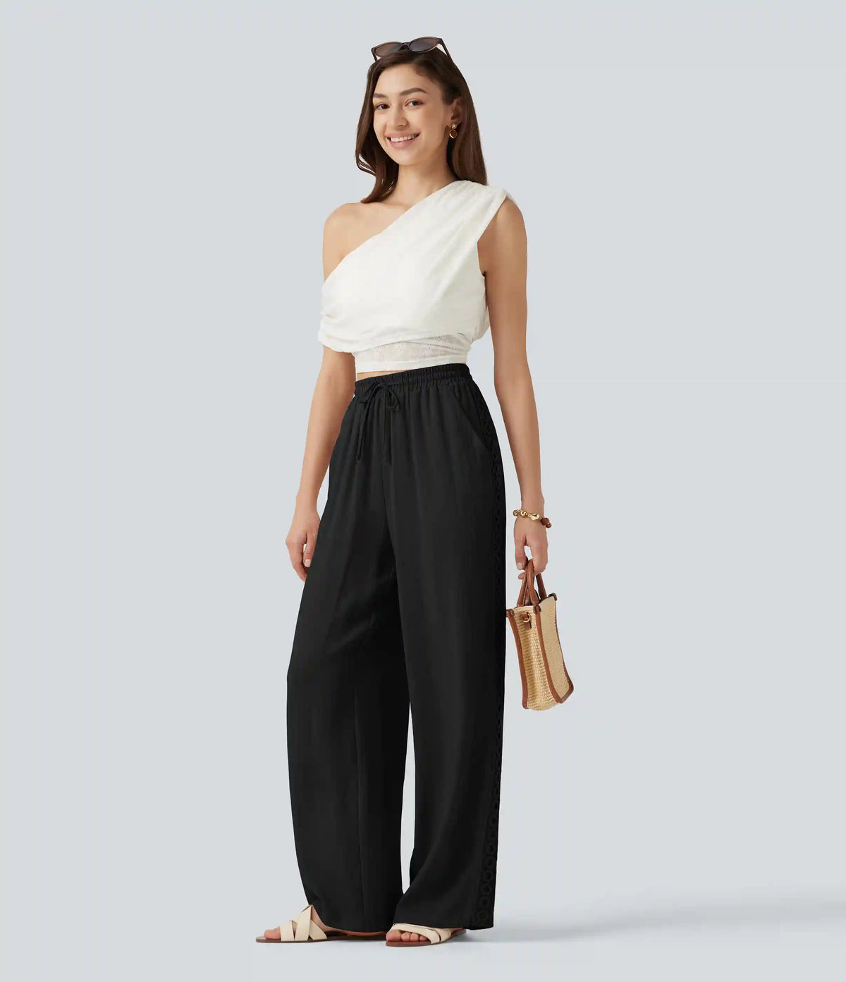 High Waisted Drawstring Casual Linen-Feel Pants with Pockets