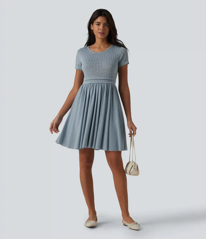 Round Neck Short Sleeve Contrast Mesh Mini Casual Flowy Dress