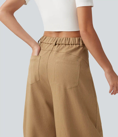 Mid Rise Casual Barrel Leg Pants with Pockets
