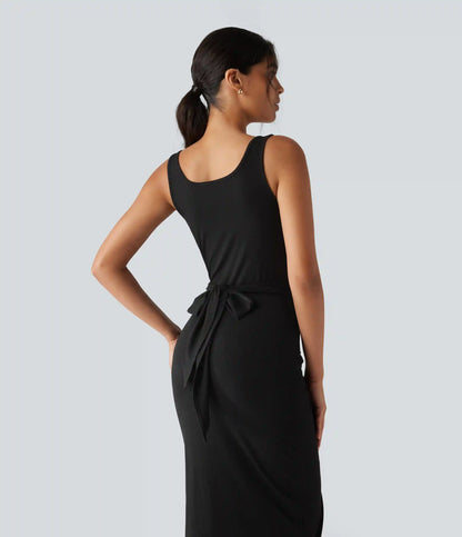 Ribbed Knit U Neck Sleeveless Heathered Bodycon Midi Casual Dress