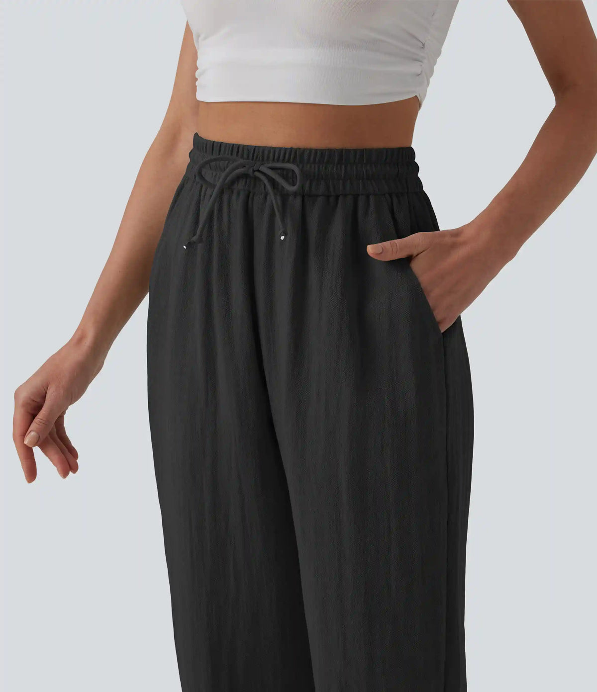 High Waisted Drawstring Wide Leg Casual Linen-Feel Joggers with Pockets