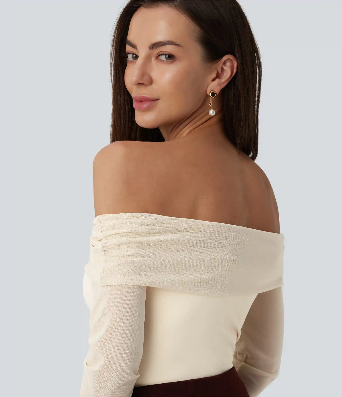 SoftlyZero™ Plush Off Shoulder Mesh Long Sleeve Top
