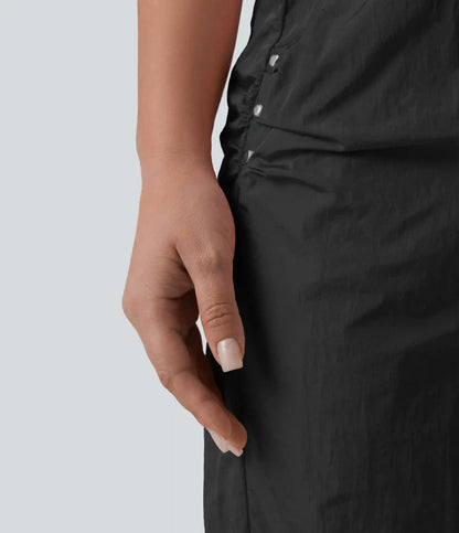High Waisted Drawstring Studded Straight Leg Casual Pants with Pockets