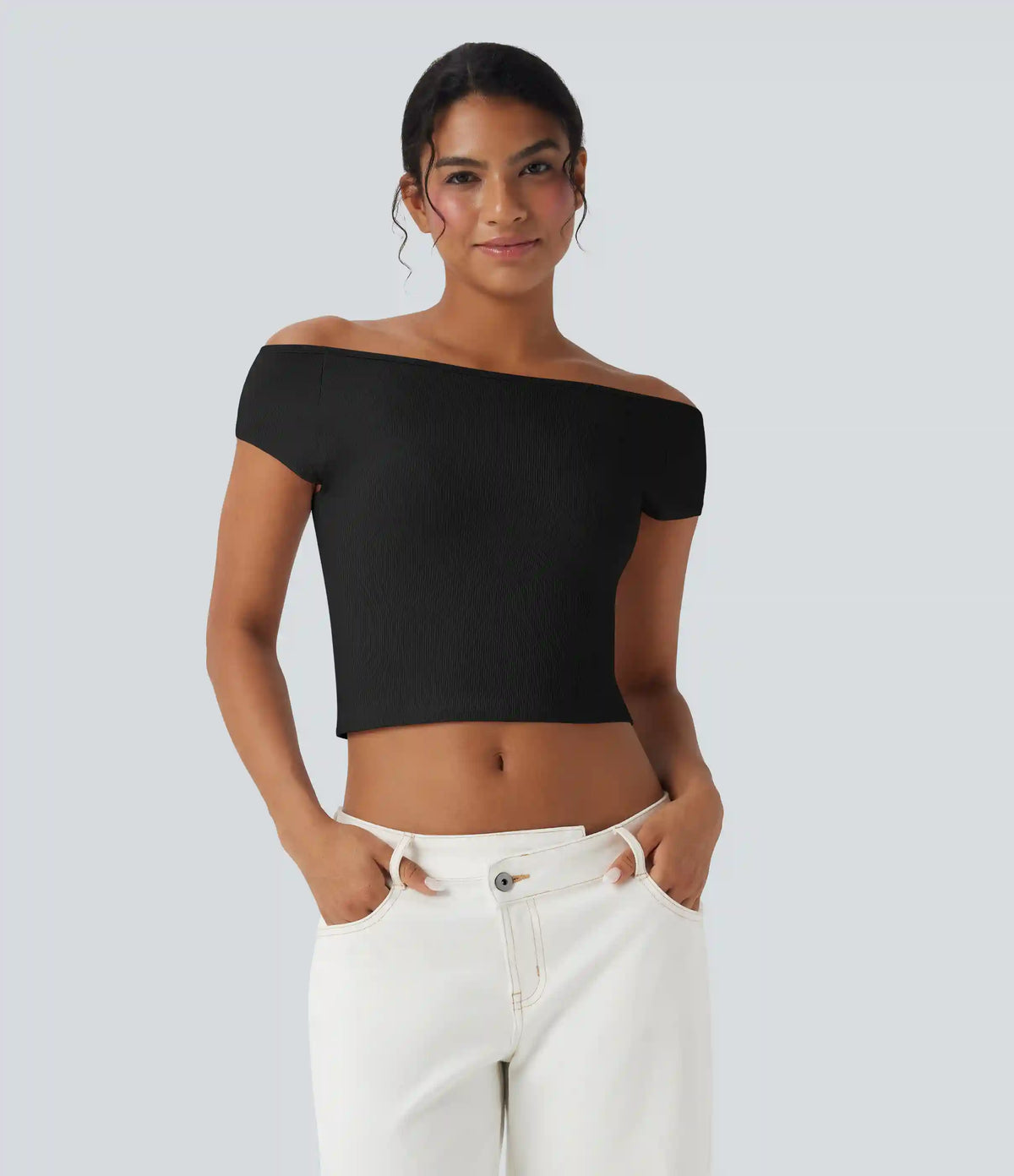 Ribbed Knit Boat Neck Short Sleeve Cropped Casual Top
