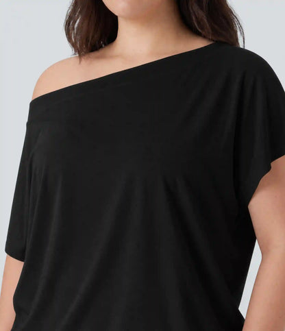 Plus Size One Shoulder Short Sleeve Curved Hem High Low Quick Dry Yoga Sports Top