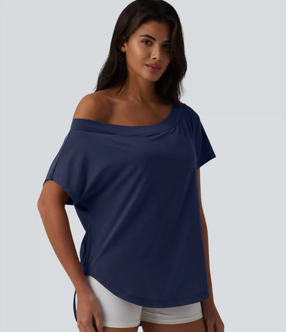 One Shoulder Short Sleeve Curved Hem High Low Quick Dry Yoga Sports Top-Built-in Bra
