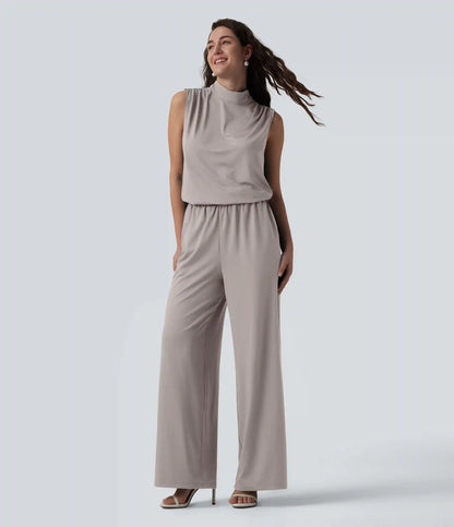 Stand Collar Sleeveless Straight Leg Bridesmaid And Wedding Guest Jumpsuit with Pockets-Easy Peezy