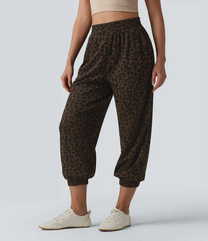 High Waisted Leopard Print Casual Cropped Baggy Joggers with Pockets