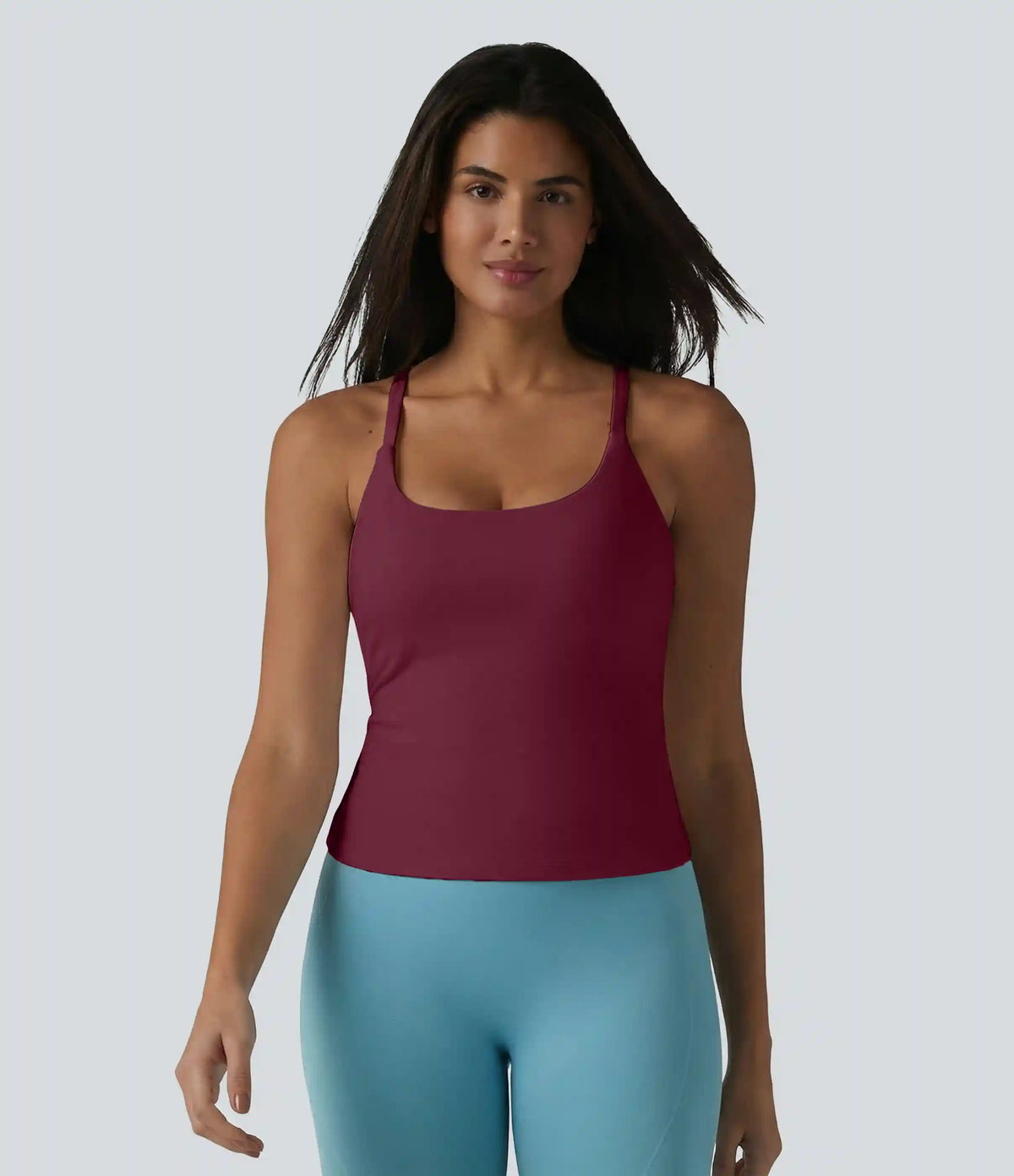 Scoop Neck Crisscross Back Crossover Hem Built-in Bra Yoga Cami Top DD-F Cups