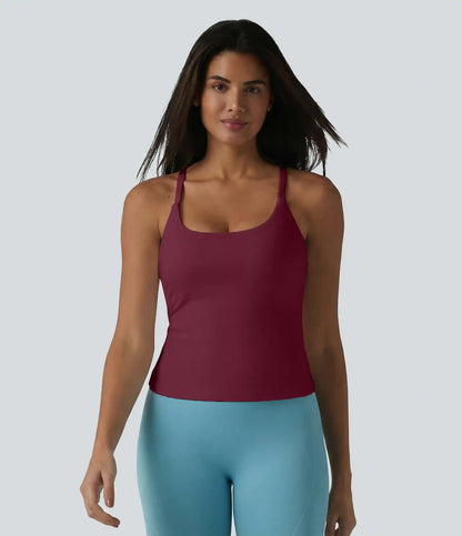 Scoop Neck Crisscross Back Crossover Hem Built-in Bra Yoga Cami Top DD-F Cups