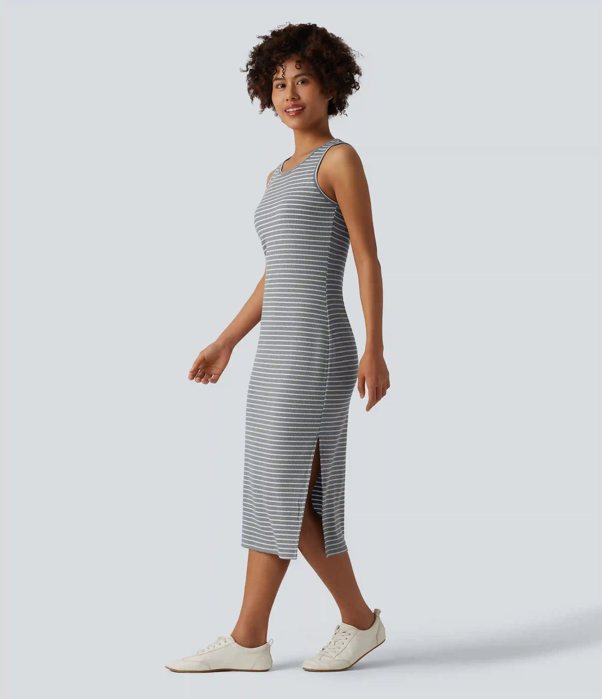 Round Neck Sleeveless Bodycon Stripe Midi Casual Dress