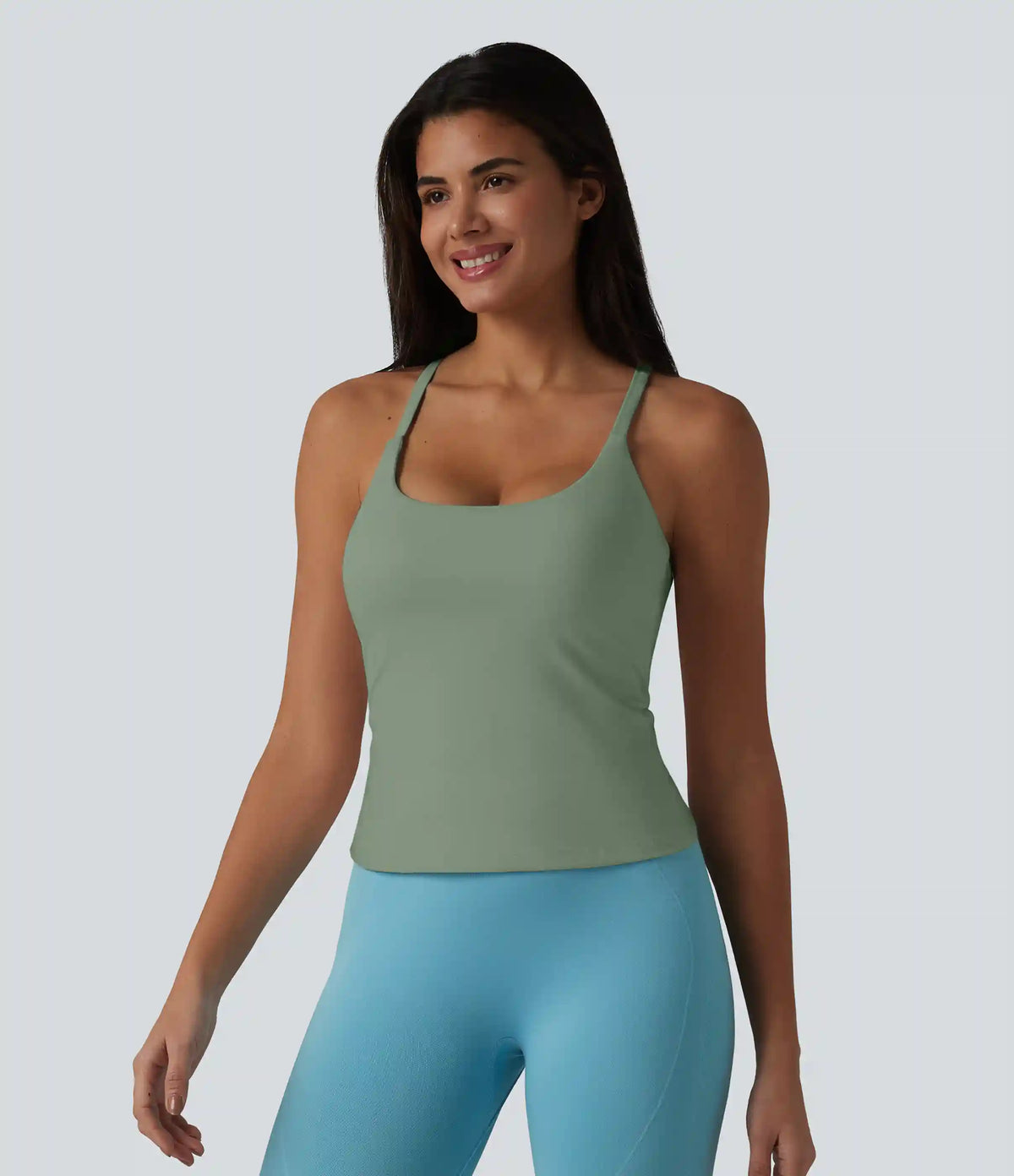 Scoop Neck Crisscross Back Crossover Hem Built-in Bra Yoga Cami Top DD-F Cups
