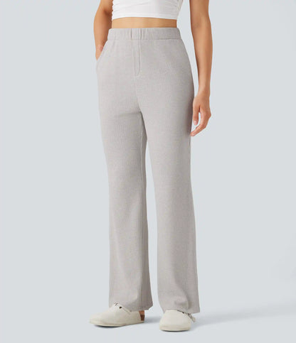 High Waisted Flare Waffle Casual Pants with Pockets