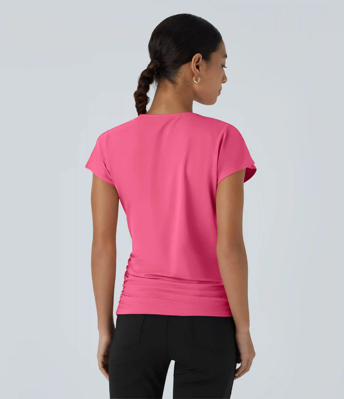 V Neck Cap Sleeve Crossover Ruched Solid Work Blouse