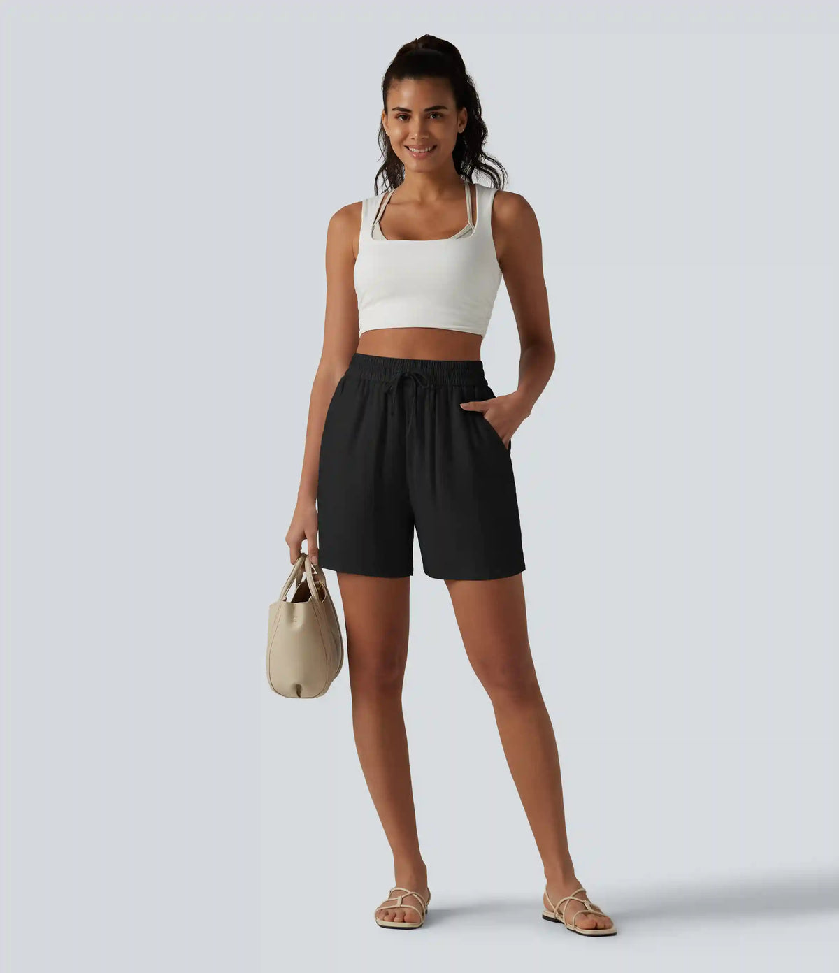 High Waisted Drawstring Casual Linen-Blend Baggy Shorts 5'' with Pockets