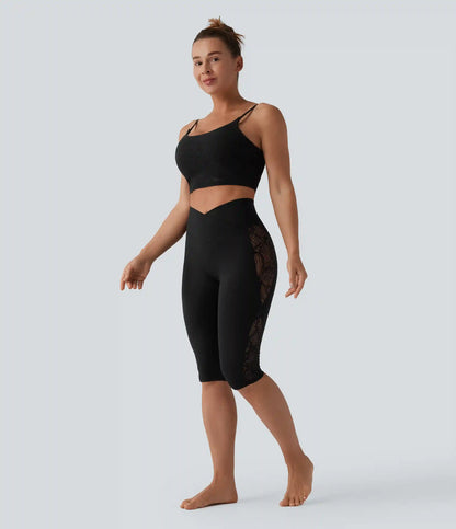 SoftlyZero™ High Waisted Crossover Contrast Lace Pedal Pusher Yoga Leggings with Pocket