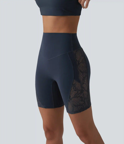 Halara UltraSculpt™ High Waisted Tummy Control Contrast Lace Yoga Biker Shorts 7'' with Pocket