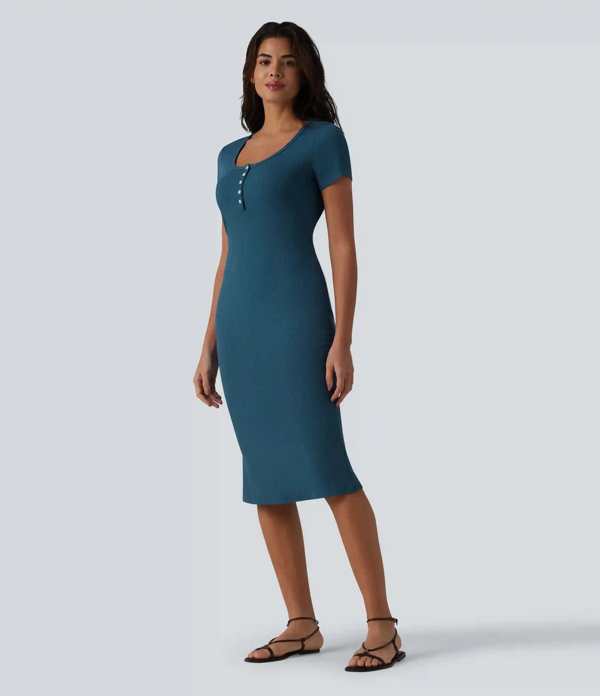 Ribbed Knit Henley Short Sleeve Midi Bodycon Mermaid Casual Dress