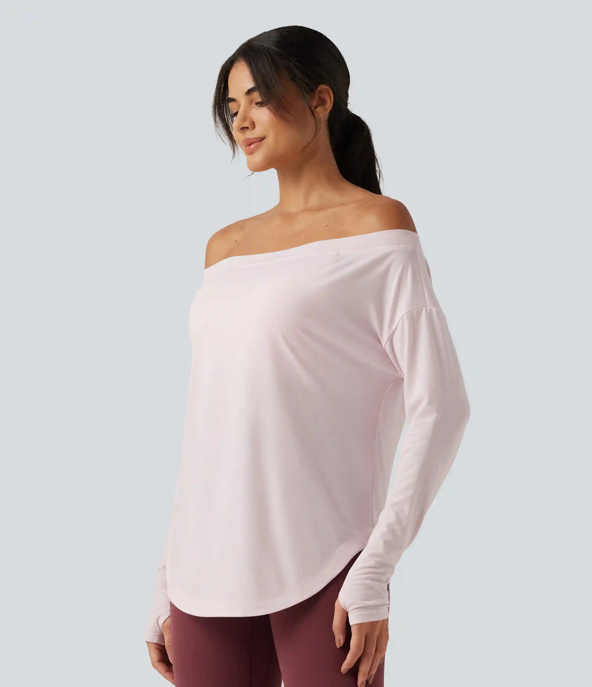 Off Shoulder Long Sleeve Build-in Bra Quick Dry Yoga Sports Tops