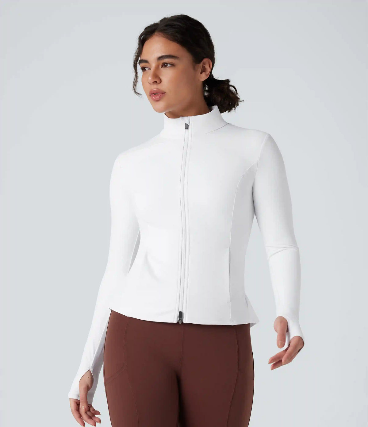 DayStretch Stand Collar Zipper Thumb Hole Ruffle Hem Slim Jacket with Pockets