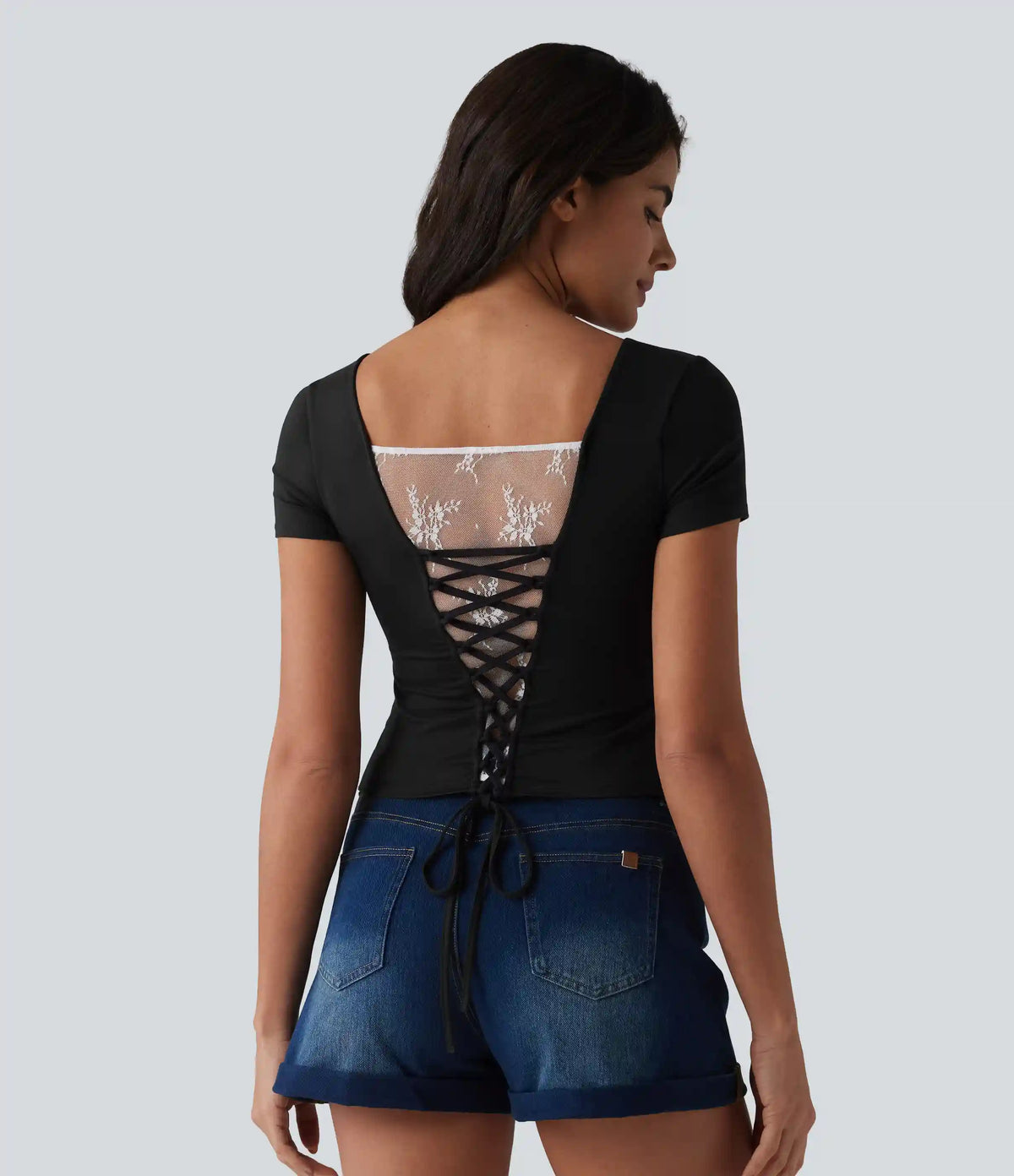 U Neck Short Sleeve Built-in Bra Contrast Lace Tie Back Casual T-Shirt