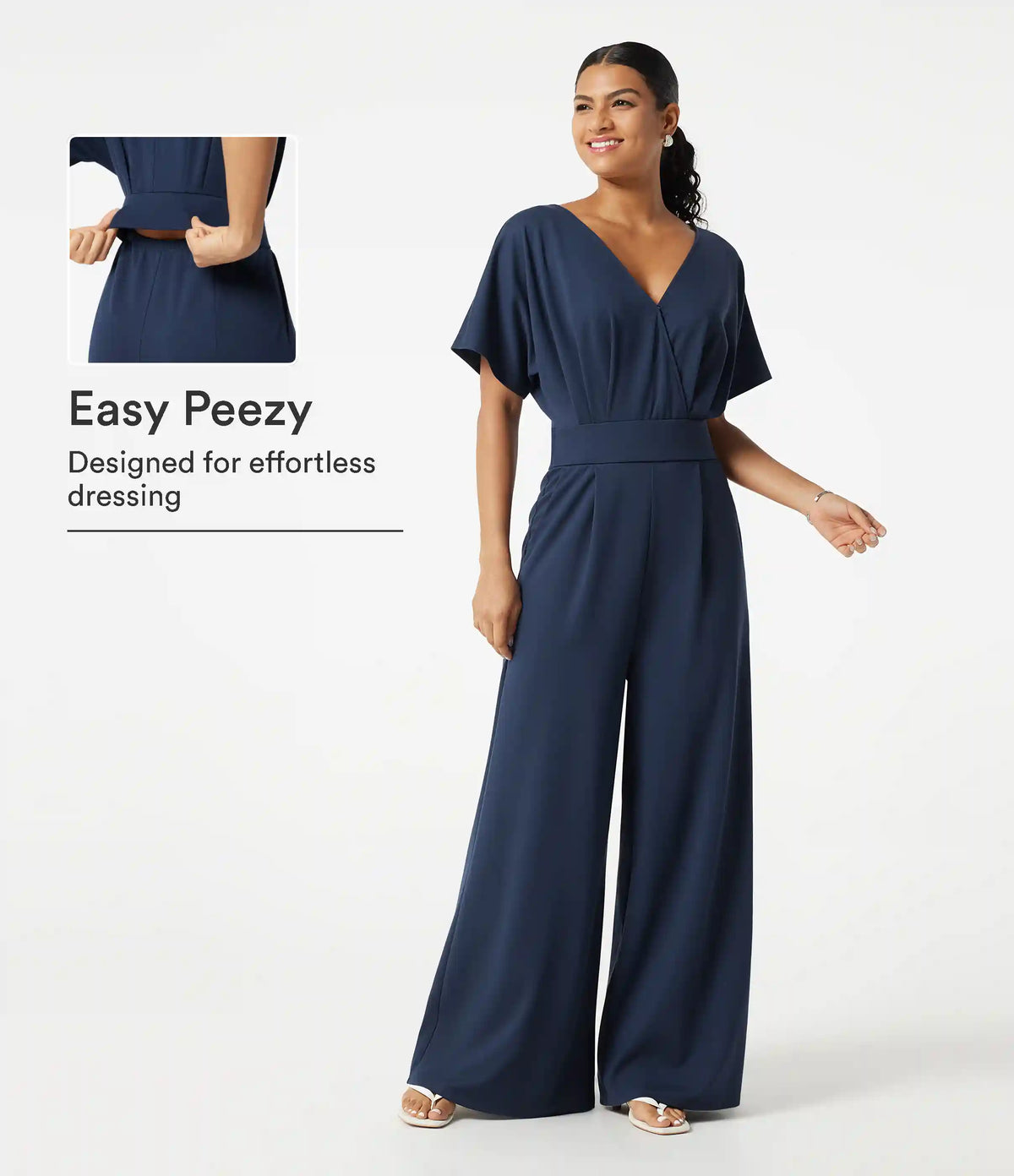 V Neck Short Sleeve Ruched Wide Leg Casual Jumpsuit with Pockets -Easy Peezy Edition