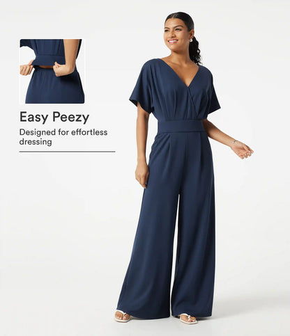 V Neck Short Sleeve Ruched Wide Leg Casual Jumpsuit with Pockets -Easy Peezy Edition