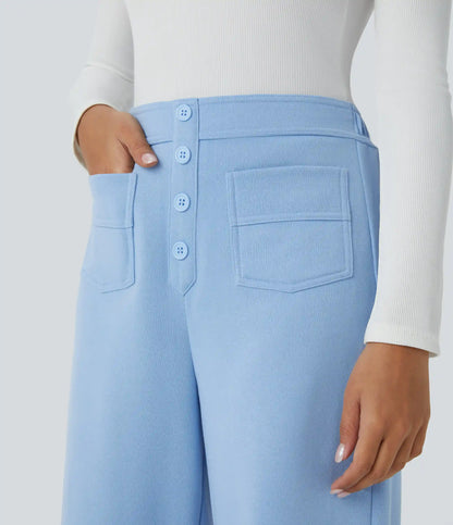 High Waisted Pockets Straight Leg Fleece Casual Pants