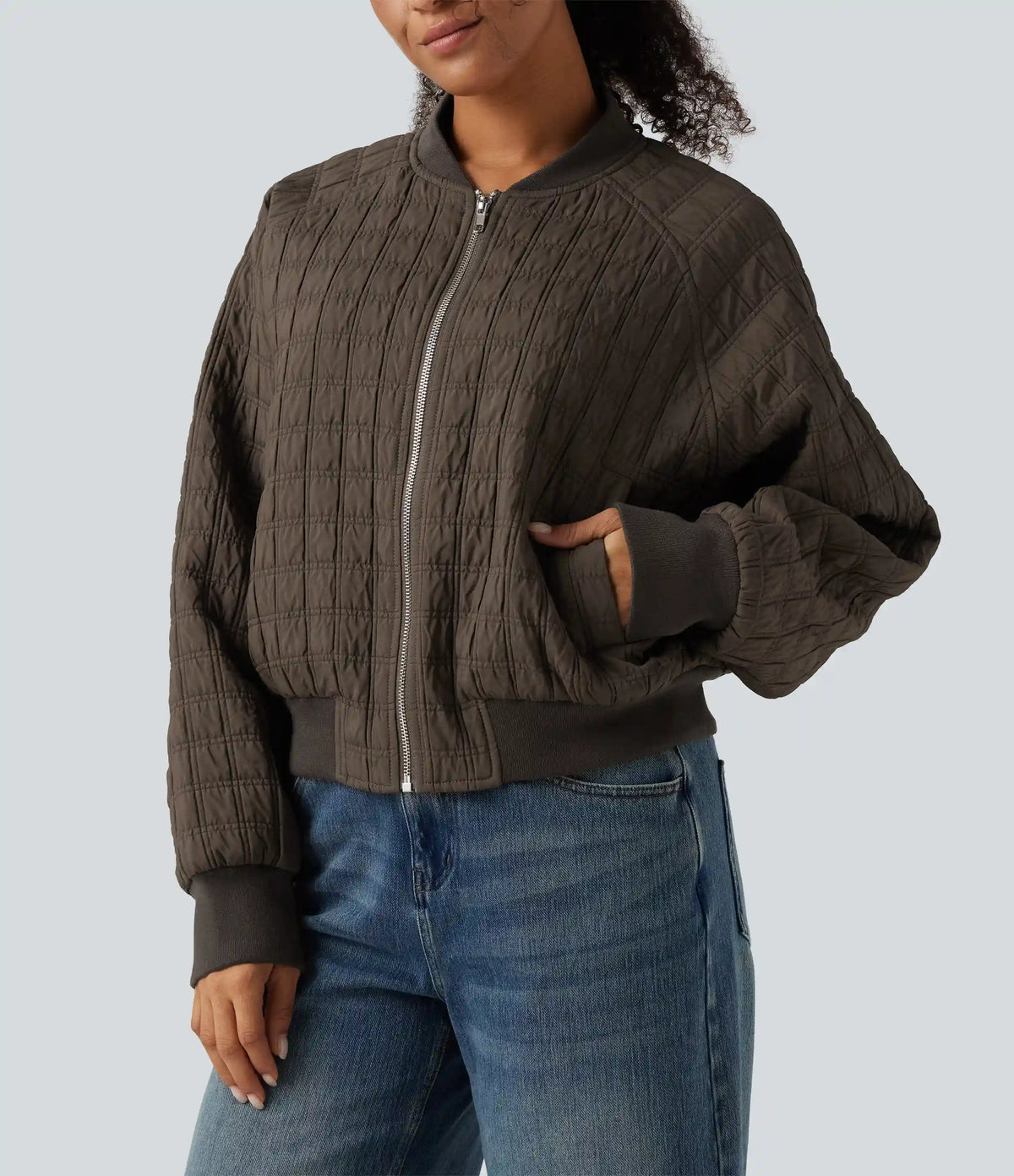 Stand Collar Long Sleeve Casual Bomber Jacket with Pockets