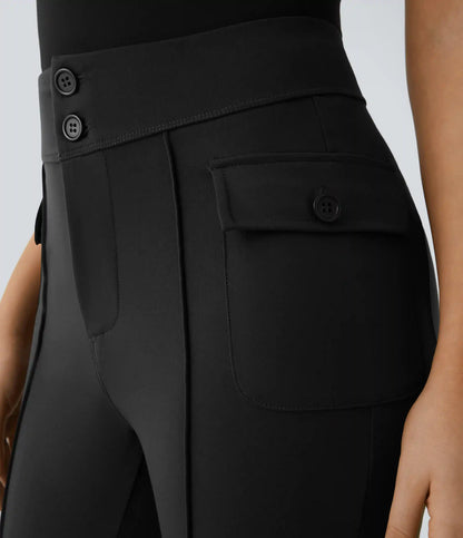 High Waisted Side Flap Pocket Flare Casual Cargo Pants