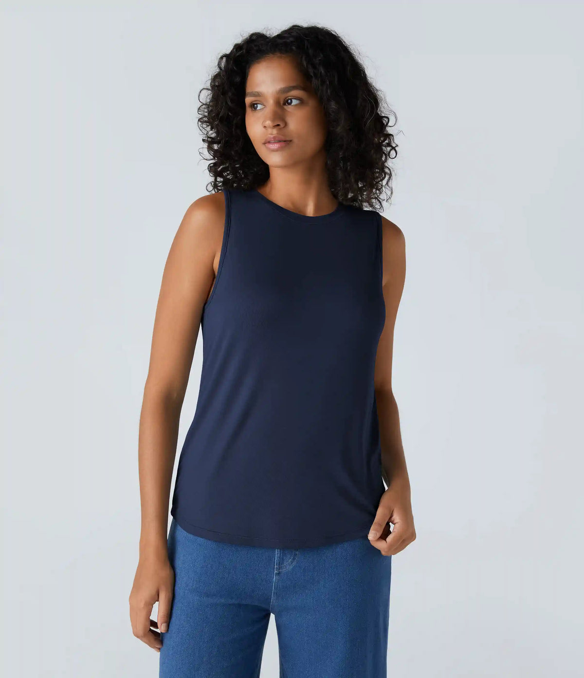 Ribbed Round Neck Basic Casual Tank Top