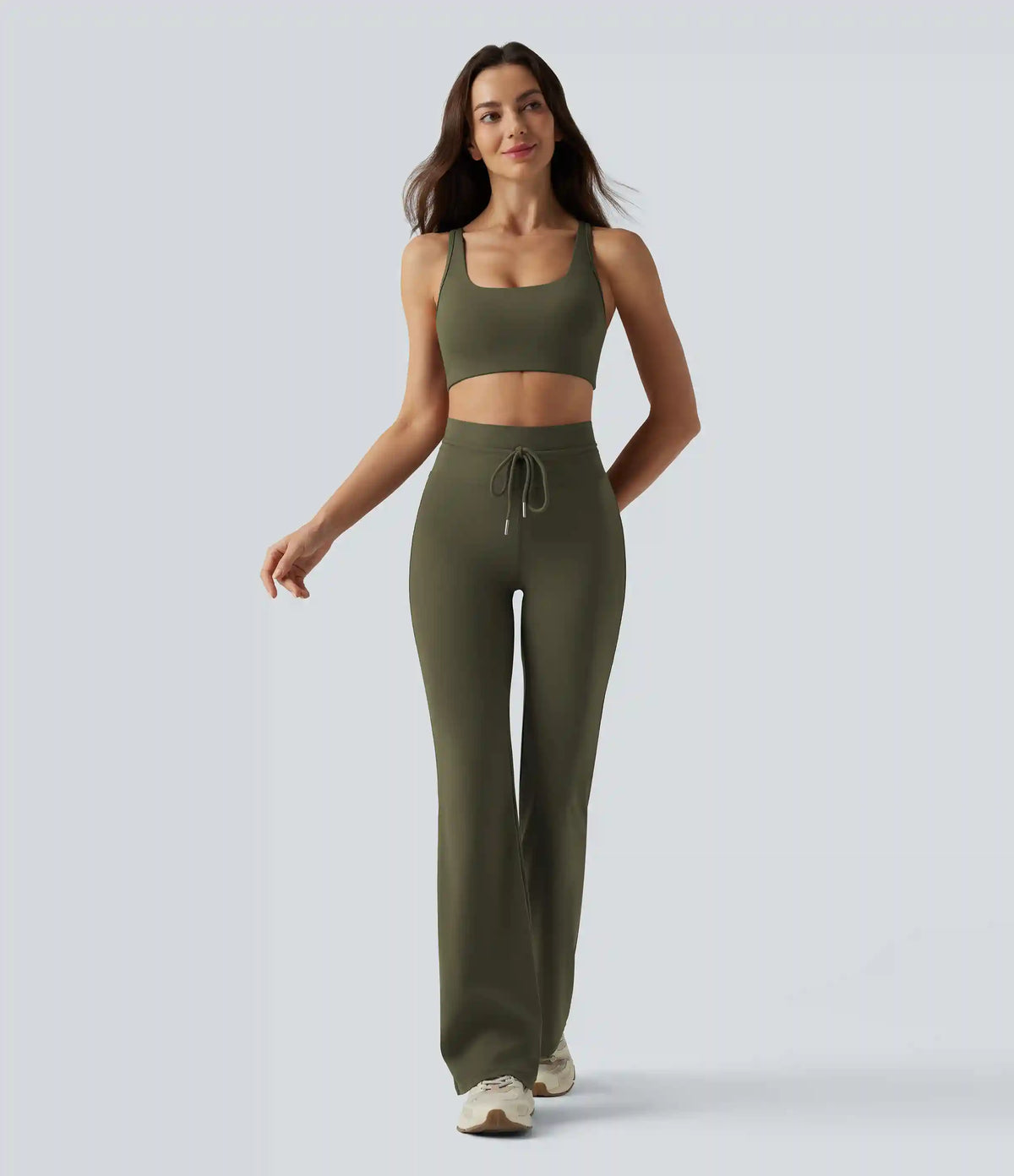High Waisted Drawstring Plain Flare Yoga Pants with Pockets