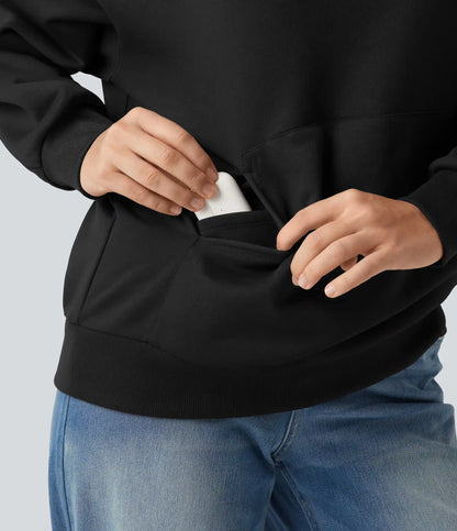 Hooded Crossover Dropped Long Sleeve Fleece Casual Sweatshirt with Pocket
