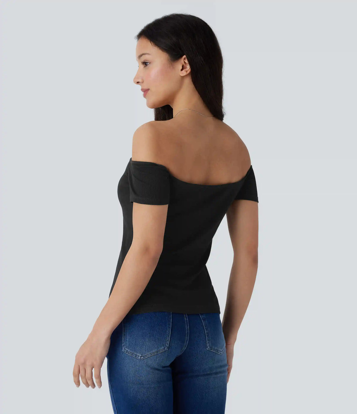 Ribbed Knit Off Shoulder Short Sleeve 2-in-1 Casual Top