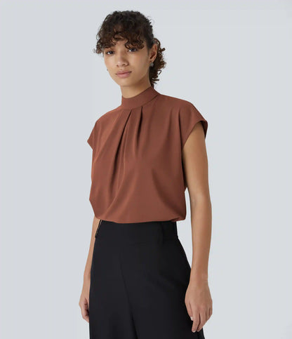 Stand Collar Back Cap Sleeve Work Blouse