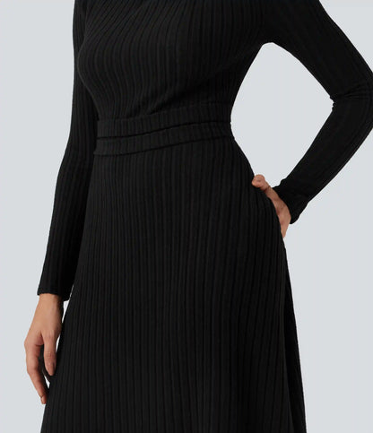Ribbed Knit Long Sleeve Midi Casual Dress with Pockets