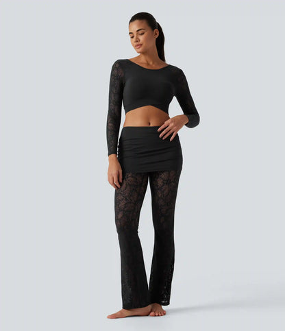 SoftlyZero™ High Stretch Lace Bootcut Casual Skirted Leggings with Pockets
