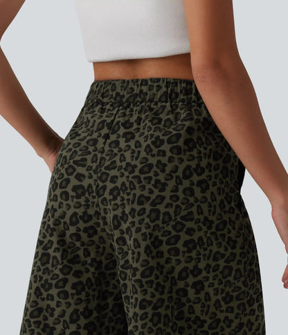 Mid Rise Leopard Print Casual Baggy Bermuda Shorts 10'' with Pockets