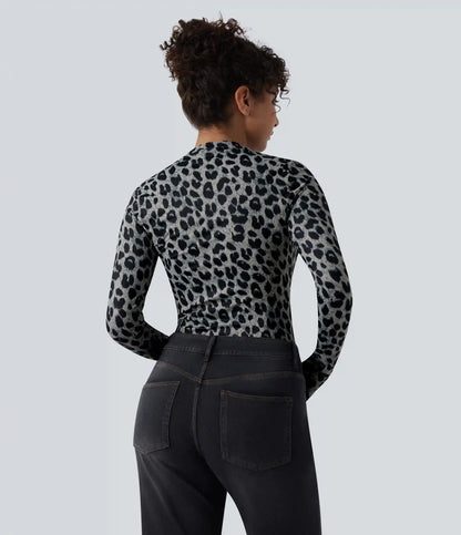 Round Neck Long Sleeve Leopard Print Casual Slim Top