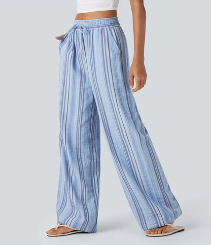 High Waisted Drawstring Wide Leg Baggy Stripe Casual Linen-Feel Pants with Pockets