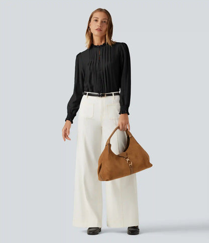 Ruffled Mock Neck Pleated Puff Long Sleeve Work Blouse