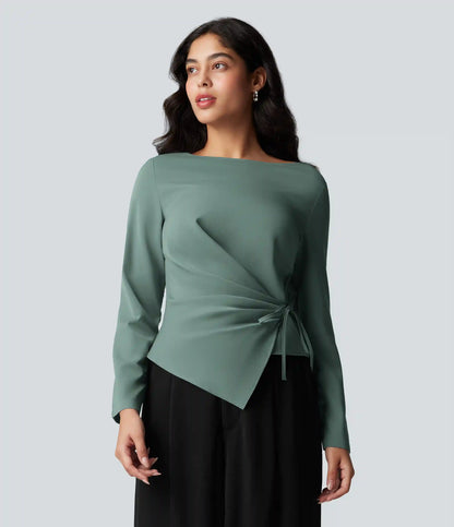 Wrinkle Recovery Boat Neck Long Sleeve Ruched Tie Work Blouse