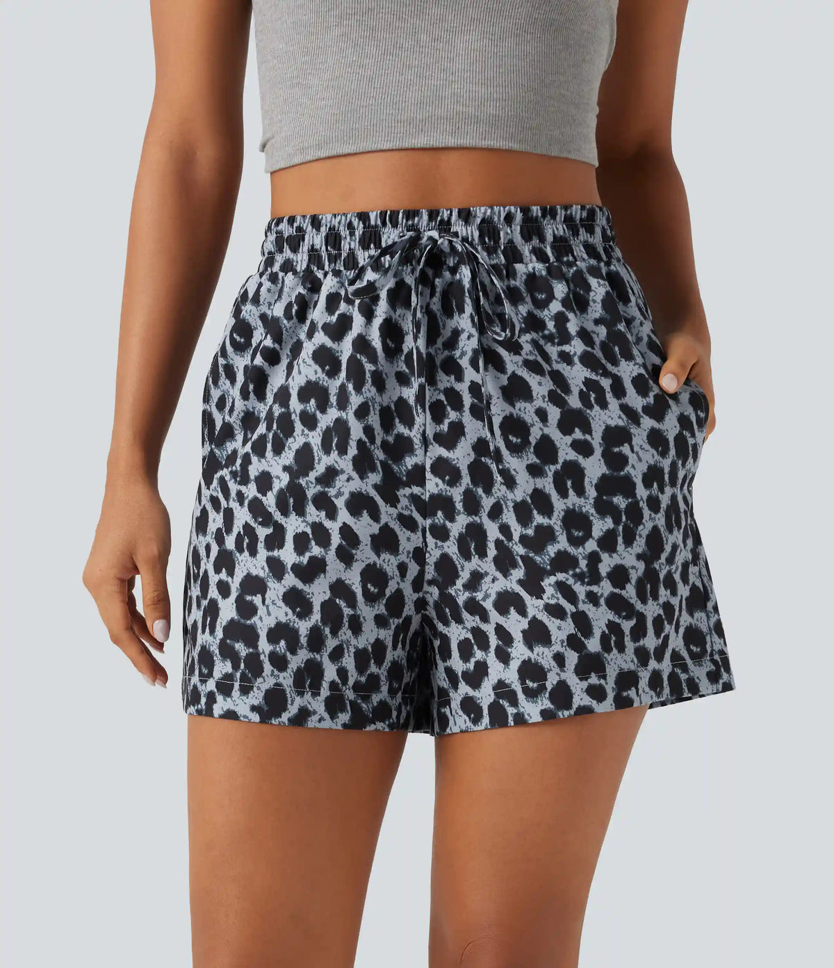 High Waisted Drawstring Leopard Print Casual Shorts with Pockets